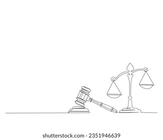 Continuous one line drawing of judicial scales and hammer. justice hammer and scales outline vector illustration. Editable stroke. 