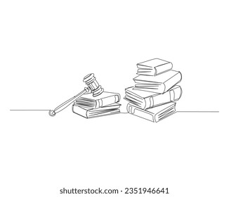 Continuous one line drawing of judicial scales and hammer. Books, justice hammer and scales outline vector illustration. Editable stroke. 