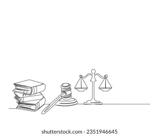 Un plano continuo de una línea de escalas judiciales y martillo. Los libros, el martillo de la justicia y las escalas esbozan la ilustración vectorial. Trazo editable. 