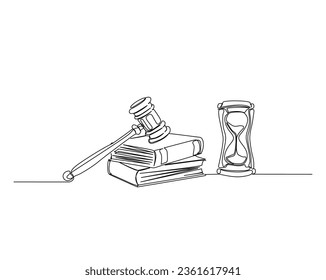 Continuous one line drawing of judicial scales , hammer and hourglass. Books, justice hammer and scales outline vector illustration. Editable stroke.