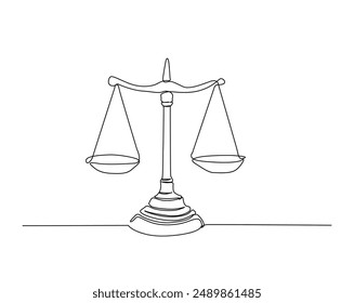 Continuous one line drawing of judicial scales law. Libra symbol simple outline illustration. Editable line vector