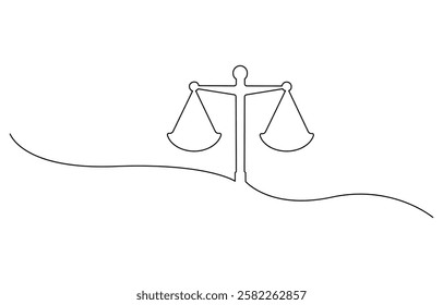 Continuous one line drawing of judicial scales law. Libra symbol simple outline illustration, Minimalist illustration of a weight scale made of one continuous line.