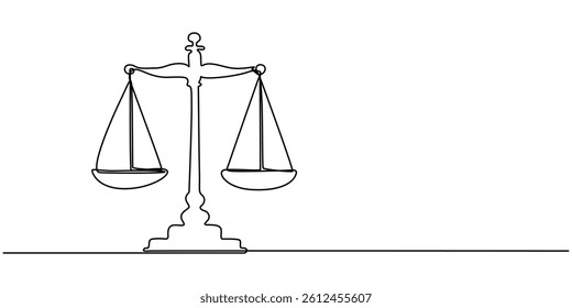 Continuous one line drawing of judicial scales or law scales. Libra symbol in single outline vector illustration. Editable stroke, Line drawing of the balance of law and the scale of justice.