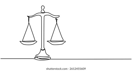 Continuous one line drawing of judicial scales or law scales. Libra symbol in single outline vector illustration. Editable stroke, Line drawing of the balance of law and the scale of justice.