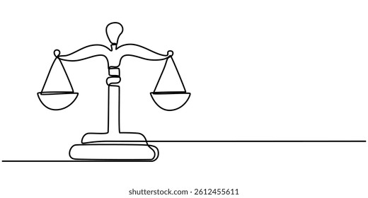 Continuous one line drawing of judicial scales or law scales. Libra symbol in single outline vector illustration. Editable stroke, Line drawing of the balance of law and the scale of justice.