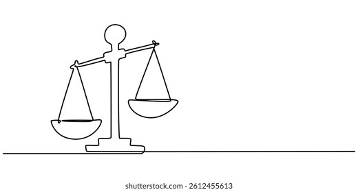 Continuous one line drawing of judicial scales or law scales. Libra symbol in single outline vector illustration. Editable stroke, Line drawing of the balance of law and the scale of justice.