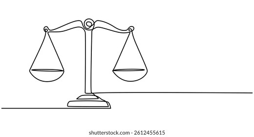 Continuous one line drawing of judicial scales or law scales. Libra symbol in single outline vector illustration. Editable stroke, Line drawing of the balance of law and the scale of justice.