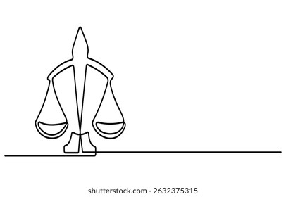 Continuous one line drawing of judicial scales law. Libra symbol simple outline illustration. Editable line vector