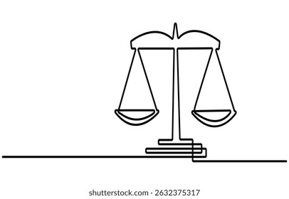 Continuous one line drawing of judicial scales law. Libra symbol simple outline illustration. Editable line vector