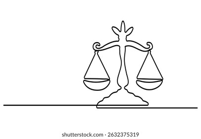 Continuous one line drawing of judicial scales law. Libra symbol simple outline illustration. Editable line vector