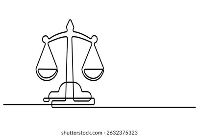 Continuous one line drawing of judicial scales law. Libra symbol simple outline illustration. Editable line vector