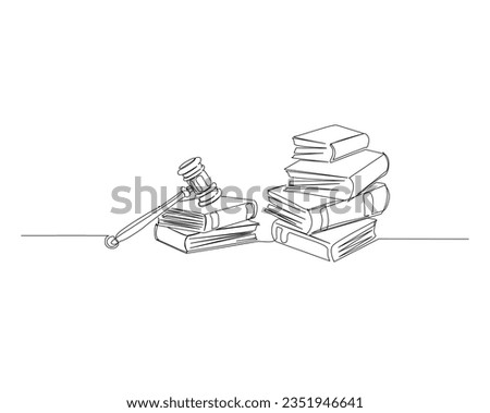 Continuous one line drawing of judicial scales and hammer. Books, justice hammer and scales outline vector illustration. Editable stroke. 