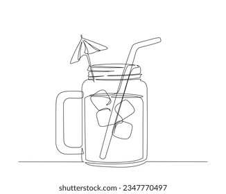 Continuous one line drawing of Juice with ice cubes on the glass. Fresh juice outine vector illustration.  