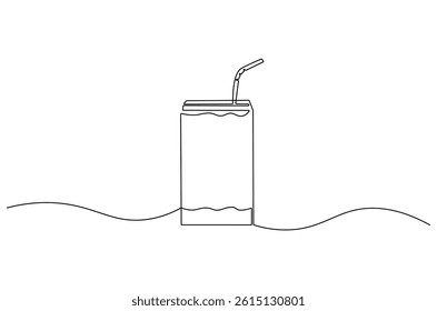 Continuous one line drawing of Juice Box or pack. Single line drawing illustration of Juice pack with straw. Paper box container concept vector art. Doodle line illustration.