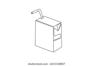 Continuous one line drawing of Juice Box or pack. Single line drawing illustration of Juice pack with straw. Paper box container concept vector art. Doodle line illustration.