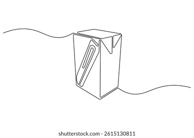 Continuous one line drawing of Juice Box or pack. Single line drawing illustration of Juice pack with straw. Paper box container concept vector art. Doodle line illustration.