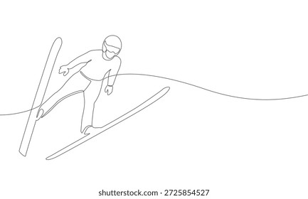 Kontinuierliche einzeilige Zeichnung des Sprungskifahrers auf seinem Flug über das Land. Extremsport im Freien. Wintersaison Sport.