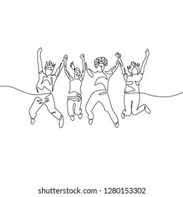 Continuous one line drawing jumping diversity group 