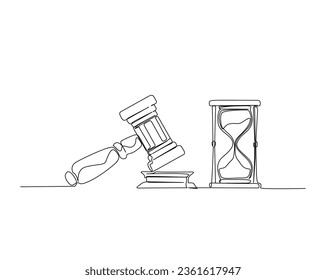 Continuous one line drawing of  justice hammer and hourglass. Law hammer and hourglass outline vector illustration. Editable stroke.