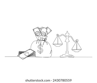 Continuous one line drawing of justice scale and cash or money. law, justice, corruption concept in single outline vector illustration. Editable stroke. 