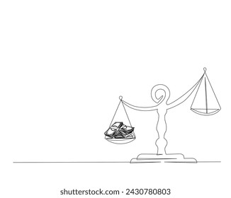 Continuous one line drawing of justice scale and money. law, justice, corruption concept in single outline vector illustration. Editable stroke. 