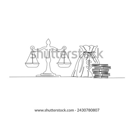 Continuous one line drawing of justice scale and cash or money. law, justice, corruption concept in single outline vector illustration. Editable stroke. 