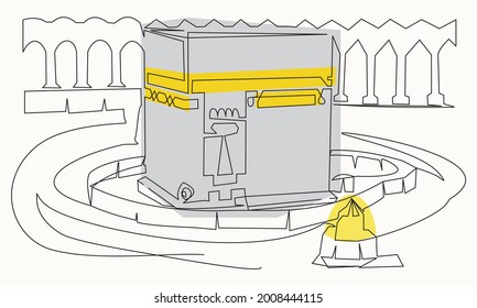 Continuous one Line drawing of Kabaa. - Sketch of Kaaba in Mecca Saudi Arabia. Simple vector background, web banner with Kaaba the Qiblah of the Muslims.
