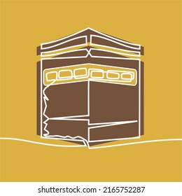 Continuous one Line drawing of Kabaa. - Sketch of Kaaba in Mecca Saudi Arabia. Simple vector background, web banner with Kaaba the Qiblah of the Muslims.