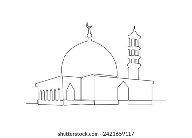 Kontinuierliche Zeichnung einer Linie Kabaah alharam und Moschee Konzept. Doodle, Vektorgrafik.