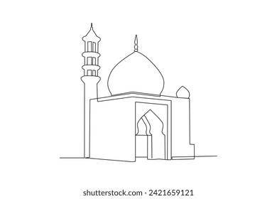 Kontinuierliche Zeichnung einer Linie Kabaah alharam und Moschee Konzept. Doodle, Vektorgrafik.