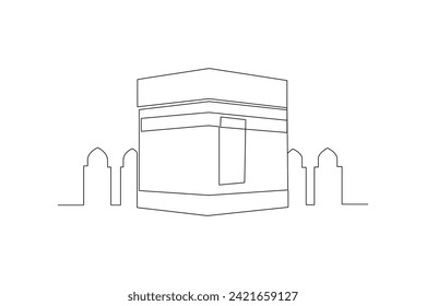 Continuous one line drawing Kabaah alharam and mosque concept. Doodle vector illustration.