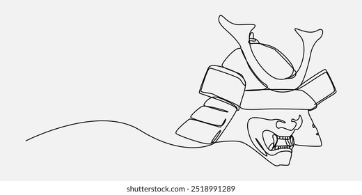 Continuous one line drawing of kabuto helmet and menpo mask. Japanese, samurai, traditional, protection concept. Editable stroke vector.