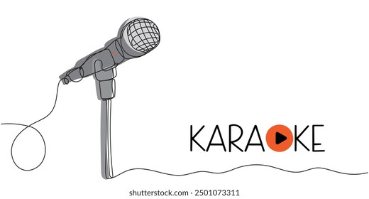 Continuous one line drawing of karaoke microphone. Vector karaoke party invitation flyer poster design template for your event.