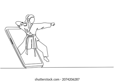 Continuous one line drawing karateka woman in kimono practicing karate punch getting out of smartphone screen. Mobile sports play matches. Online karate game mobile app. Single line draw design vector