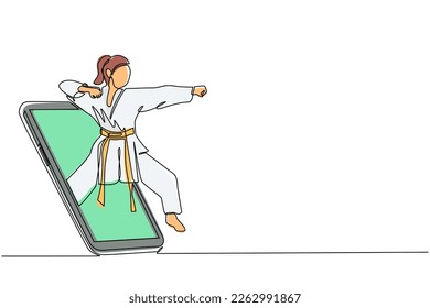 Continuous one line drawing karateka woman in kimono practicing karate punch getting out of smartphone screen. Mobile sports play matches. Online karate game mobile app. Single line draw design vector