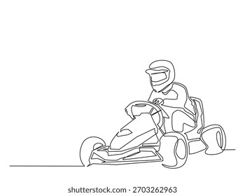 Continuous one line drawing of Karting driver on race . Go-Kart Racers Drive single line art illustration. Editable vector.  