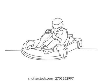 Continuous one line drawing of Karting driver on race . Go-Kart Racers Drive single line art illustration. Editable vector.  