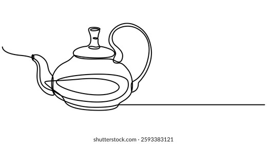 Continuous one line drawing of kettle with handle. Camping cooking equipment gas stove kettle. Vector illustration, Continuous one line drawing of coffee maker pot drip kettle - barista equipment. pro