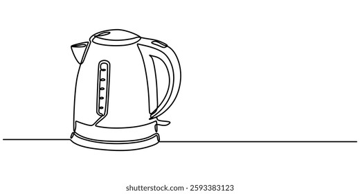 Continuous one line drawing of kettle with handle. Camping cooking equipment gas stove kettle. Vector illustration, Continuous one line drawing of coffee maker pot drip kettle - barista equipment. pro