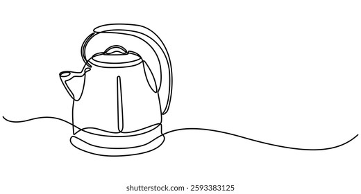 Continuous one line drawing of kettle with handle. Camping cooking equipment gas stove kettle. Vector illustration, Continuous one line drawing of coffee maker pot drip kettle - barista equipment. pro