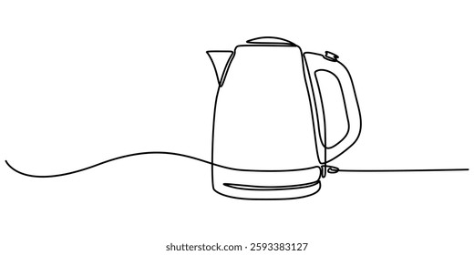 Continuous one line drawing of kettle with handle. Camping cooking equipment gas stove kettle. Vector illustration, Continuous one line drawing of coffee maker pot drip kettle - barista equipment. pro