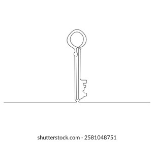 Continuous one line drawing of key. Single line drawing illustration of key for unlock ability. Key concept vector art. Doodle line illustration.