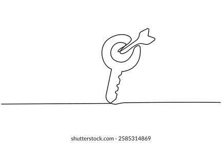 Continuous One line drawing of a key with a dart hitting a target, symbolizing achieving goals.