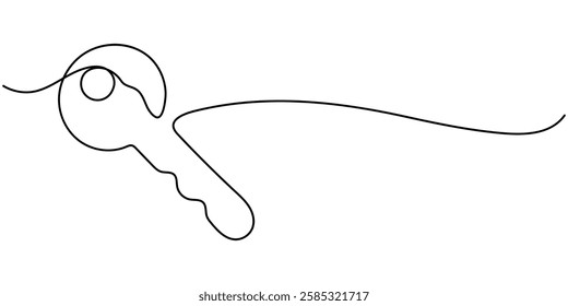  Continuous one line drawing of key. One line drawing illustration of key. Security concept continuous line art. Editable outline, continuous one line drawing of keys. Real estate keys icon.