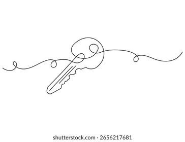 Desenho contínuo de uma linha de uma chave. Ilustração vetorial minimalista de um ícone de chave, projeto de contorno linear. Contorno moderno simples para conceitos de segurança, bloqueio e acesso.