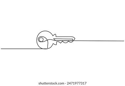 continuous one line drawing of keys. Real estate keys icon. Success keys, solutions, opportunities and safety concept in doodle style. Continuous line drawing of key