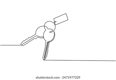 dibujo continuo de una línea de teclas. Icono de claves inmobiliarias. Claves de éxito, soluciones, oportunidades y concepto de seguridad en estilo doodle. Dibujo continuo de la línea de la llave