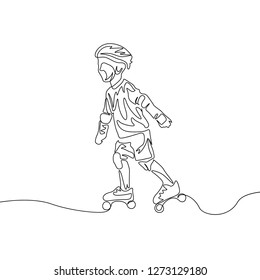 Continuous one line drawing kid in protect clothes rollerblading. Sport, recreation, friendship, relax, hobby theme.