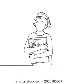 Continuous one line drawing of kid in santa hat with christmas gift box in silhouette on a white background. Linear stylized.