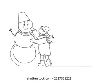 Continuous one line drawing of Kid and snowman. Winter snowman wearing scarf and hat line art drawing vector illustration. 